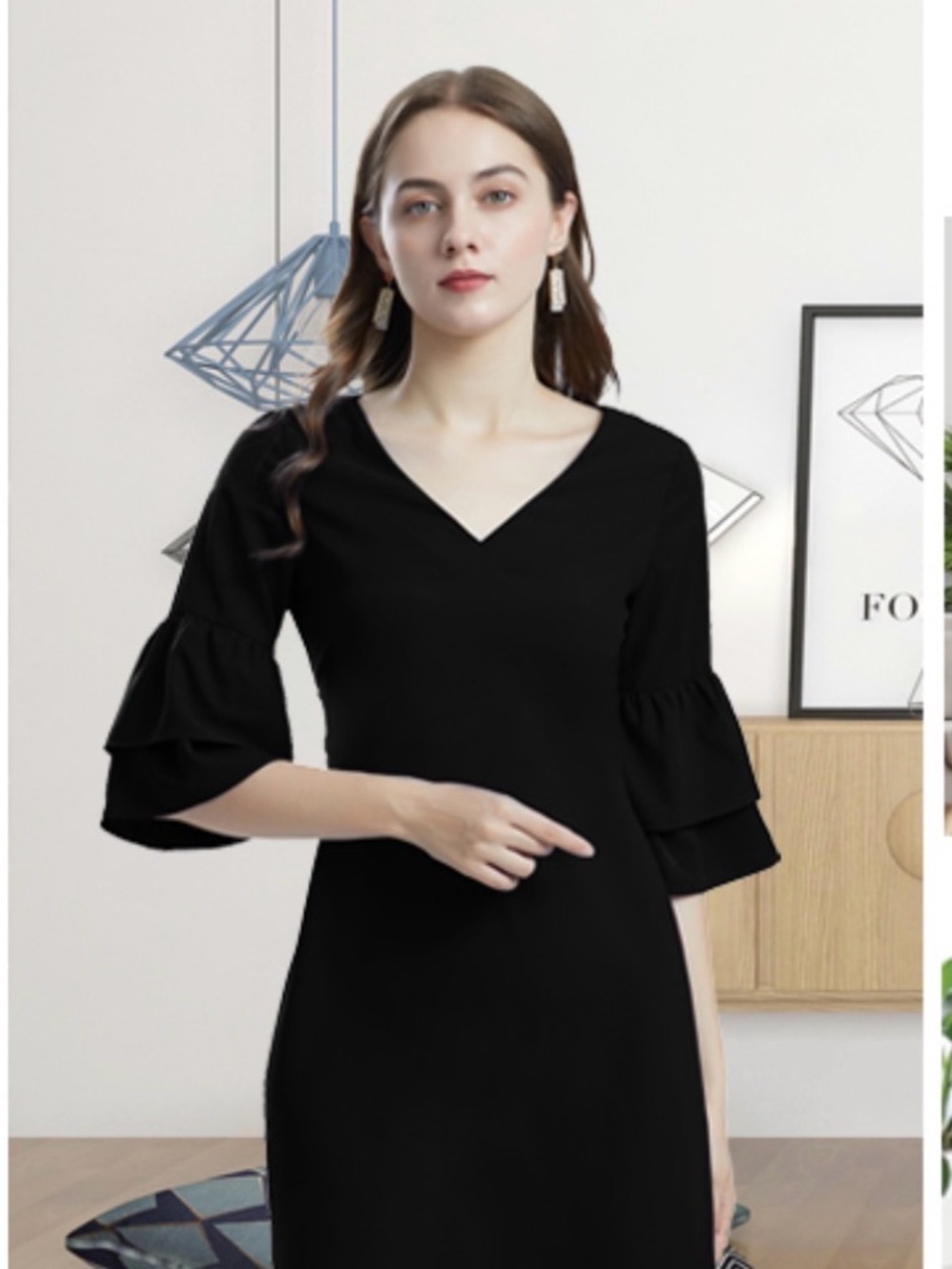 Black V-Neck Long Bell Sleeve Ruffle Shift Dress